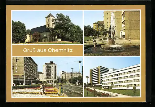 AK Chemnitz, Johanniskirche, Brunnen mit Plastik Jugend Mühlenstrasse, Ernst-Thälmann-Strasse