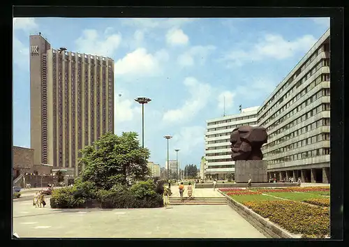 AK Karl-Marx-Stadt, Karl-Marx-Allee mit Interhotel Kongress, Rat des Bezirkes und Karl-Marx-Monument