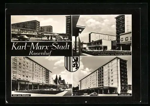 AK Karl-Marx-Stadt, Rosenhof, Blick vom Markt, Tanzbar Kosmos, Wappen