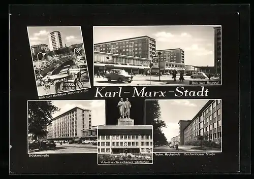 AK Karl-Marx-Stadt, Blick zum Hochhaus, Wilhelm-Pieck-Strasse, Valentina-Tereschkowa-Oberschule