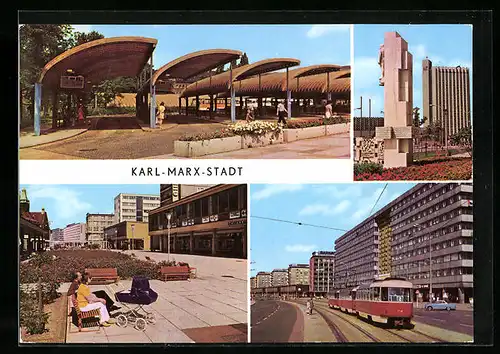 AK Karl-Marx-Stadt, Busbahnhof, Karl-Marx-Allee, Ensemble Lobgedicht, Am Rosenhof