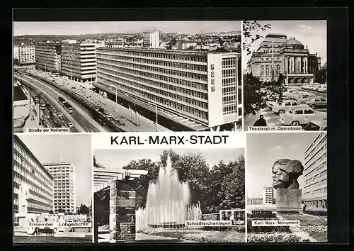 AK Karl-Marx-Stadt, Strasse der Nationen, Theaterplatz mit Opernhaus, Schlossteichanlagen