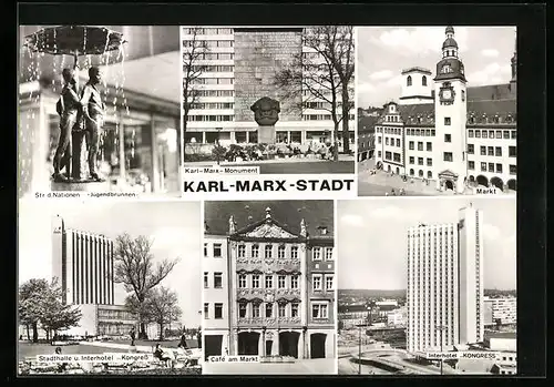 AK Karl-Marx-Stadt, Strasse der Nationen - Jugendbrunnen, Markt, Interhotel Kongress