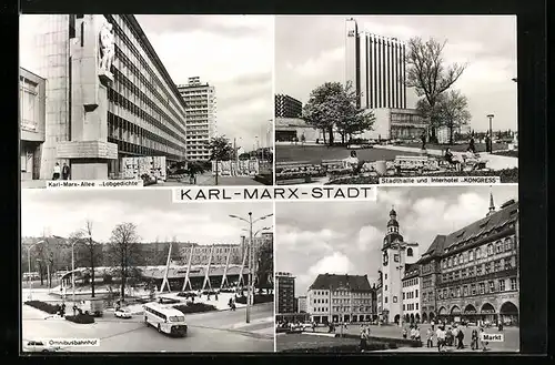 AK Karl-Marx-Stadt, Omnibusbahnhof, Stadthalle und Interhotel Kongress