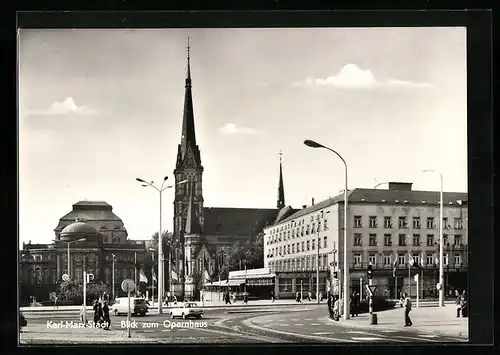 AK Karl-Marx-Stadt, Blick zum Opernhaus, Kirche
