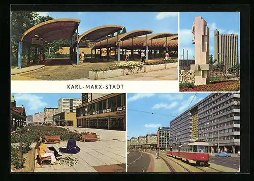 AK Karl-Marx-Stadt, Busbahnhof, Strassenbahn, Am Rosenhof, Strasse der Nationen