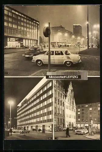 AK Leipzig, Karl-Marx-Platz, Hotel Deutschland und Messeamt am Abend