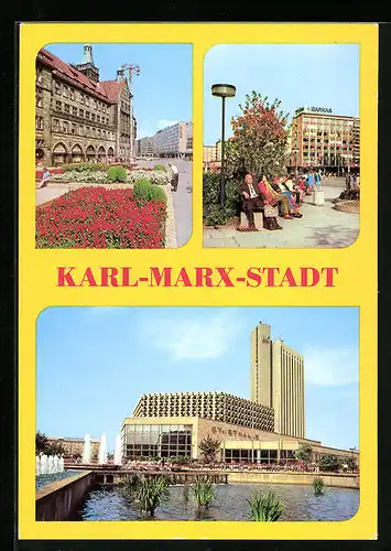 AK Karl-Marx-Stadt, An der Strasse der Nationen, Stadthalle und Interhotel Kongress