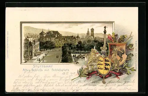Passepartout-Lithographie Stuttgart, Altes Schloss mit Schlossplatz, Wappen
