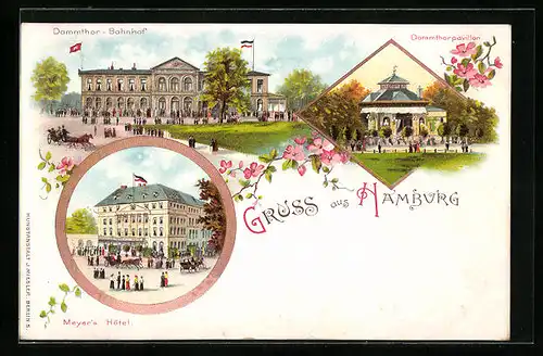 Lithographie Hamburg, Meyer`s Hotel, Dammtor-Bahnhof, Dammtorpavillon