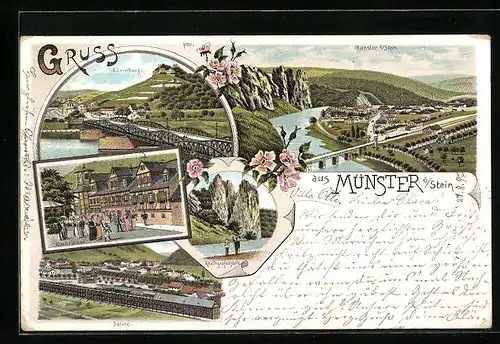 Lithographie Münster a. Stein, Saline, Ebernburg, Kurbrunnen
