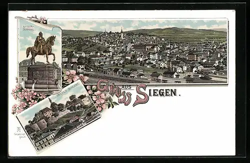 Lithographie Siegen, Totalansicht, Oberes Schloss, Kaiser-Denkmal