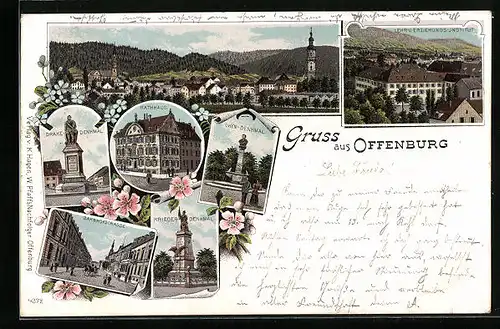 Lithographie Offenburg, Rathaus, Lehr- und Erziehungs-Institut, Bahnhofstrasse