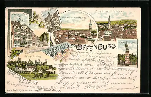 Lithographie Offenburg, Schloss Ortenberg, Rathaus, Neptun-Brunnen