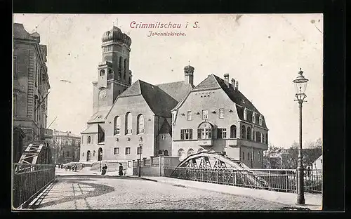 AK Crimmitschau i. S., Johanniskirche mit Brücke