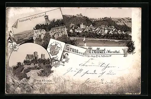 Lithographie Treffurt i. Werrathal, Heldrastein, Normanstein, Stadtwappen