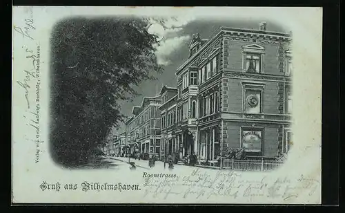 Mondschein-AK Wilhelmshaven, Roonstrasse mit Modegeschäft