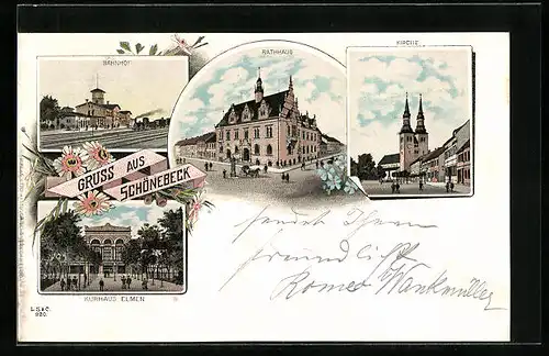 Lithographie Schönebeck, Kurhaus Elmen, Kirche, Bahnhof