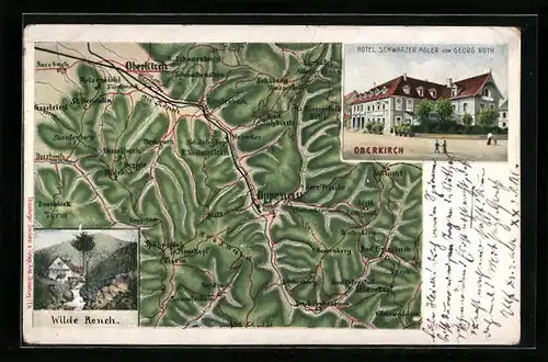AK Oberkirch, Hotel Schwarzer Adler, Wilde Rench, Landkarte mit Oppenau, Breitenberg und Gasthaus Zur Traube