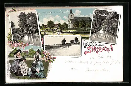 Lithographie Burg /Spreewald, Kirchgang, Greschows Bahn, Spreewälderinnen