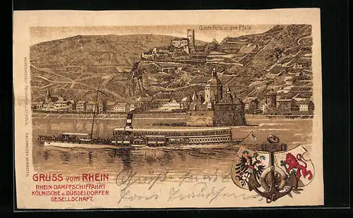 Lithographie Gutenfels /Rh., Ortsansicht mit Pfalz und Rheindampfer, Wappen