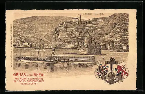 Lithographie Gutenfels /Rh., Ortsansicht mit Pfalz, Rheindampfer, Wappen