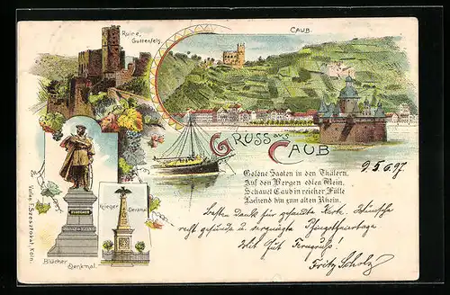 Lithographie Caub, Ortsansicht mit Burg, Blücher-Denkmal