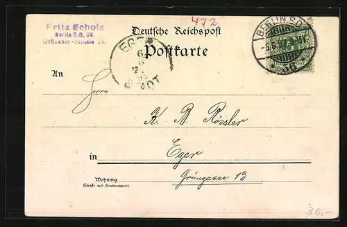 Lithographie Caub, Ortsansicht mit Burg, Blücher-Denkmal