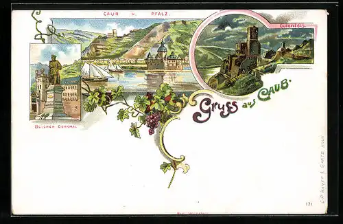 Lithographie Caub, Ortsansicht mit Rhein und Pfalz, Gutenfels, Blücher-Denkmal