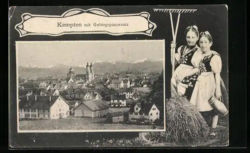 AK Kempten, Ortsansicht mit Gebirgspanorama, Bäuerinnen in Tracht