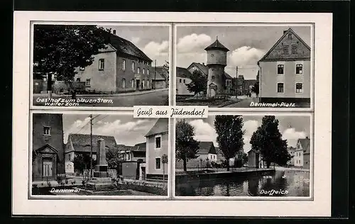 AK Jüdendorf, Gasthof zum blauen Stern, Denkmal-Platz mit Turm