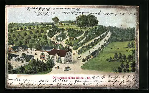 Relief-AK Rötha /Sa., Gasthaus Obstweinschänke mit Umgebung aus der Vogelschau