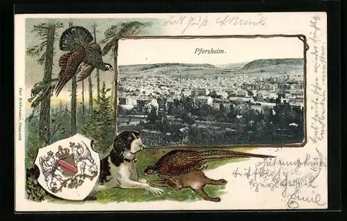 Passepartout-Lithographie Pforzheim, Ortsansicht aus der Vogelschau, Jagdhund mit Beute, Wappen
