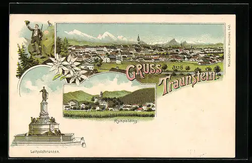 Lithographie Traunstein, Ortsansicht, Wanderer, Ortsansicht Ruhpolding