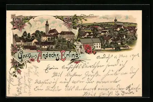 Lithographie Andechs-Erling, Ortsansichten Andechs und Erling