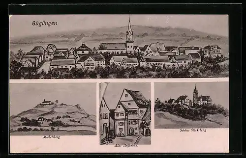 Künstler-AK Güglingen, Ortspanorama, Michelsberg, Altes Helferhaus