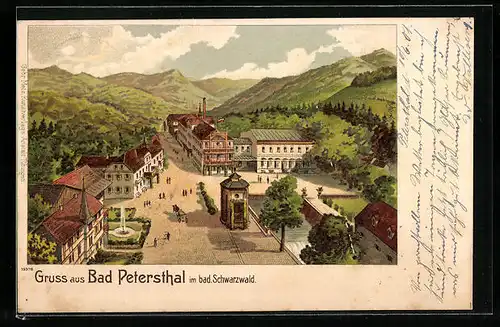 Lithographie Bad Petersthal /Schwarzw., Ortspartie mit Bergen aus der Vogelschau