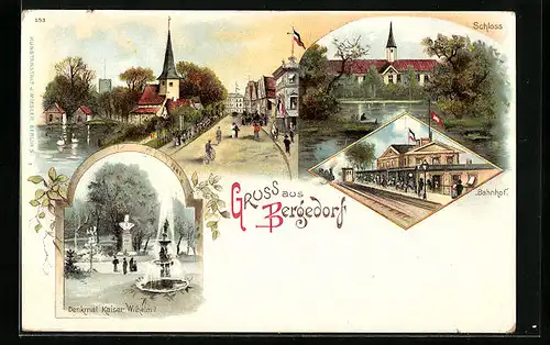 Lithographie Hamburg-Bergedorf, Strassenpartie mit Kirche, Bahnhof, Schloss
