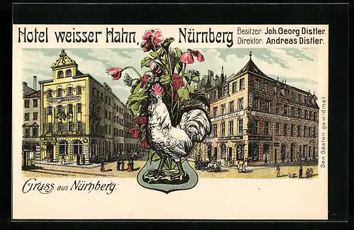 Künstler-AK Nürnberg, Post, Bahnhof, Strassenpartie mit Hotel weisser Hahn Georg Distler