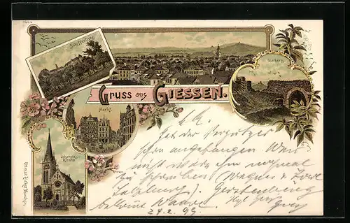 Lithographie Giessen, Teilansicht, Schifferberg, Markt