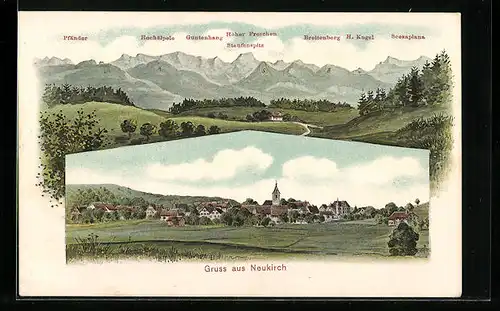 Künstler-AK Neukirch, Ortspanorama, Bergkette mit Staufenspitz