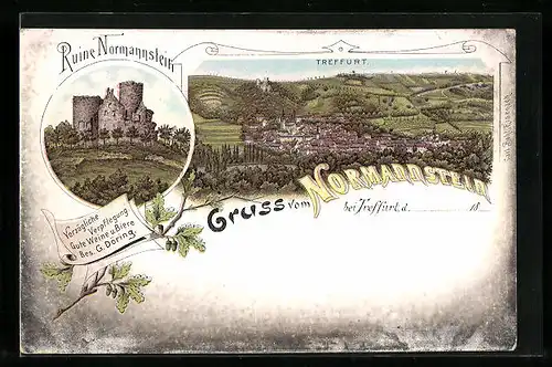 Lithographie Treffurt, Totalansicht, Ruine Normannstein