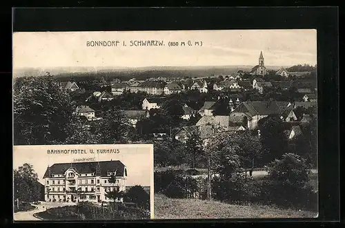 AK Bonndorf i. Schwarzw., Bahnhofhotel und Kurhaus, Teilansicht mit Kirche