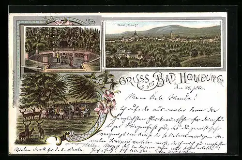 Lithographie Bad Homburg, Gasthaus Hirschgarten, Ludwigsbrunnen, Totalansicht