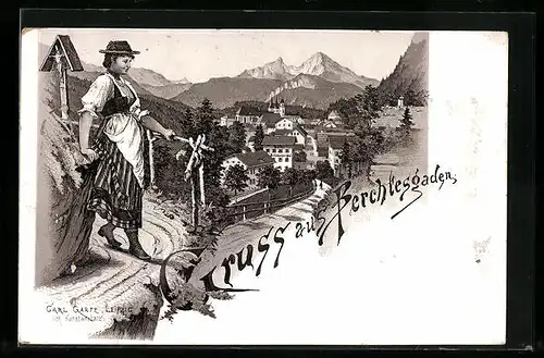 Lithographie Berchtesgaden, Strassenpartie mit Hotel Salzburger Hof, Frau in Tracht am Flurkreuz