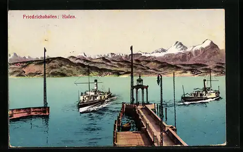AK Friedrichshafen, Hafeneinfahrt mit Dampfern