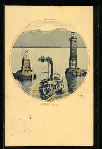 AK Lindau i. B., Hafeneinfahrt mit Löwen, Leuchtturm und Dampfer