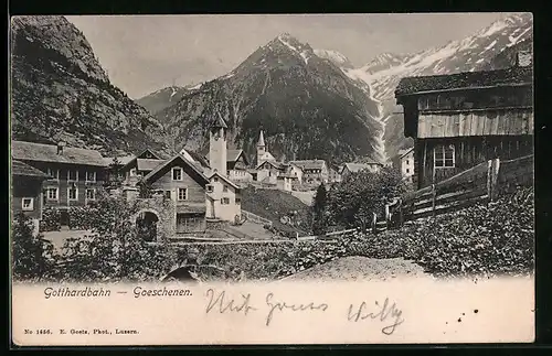 AK Goeschenen, Blick auf die Ortschaft an der Gotthardbahn