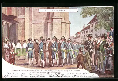 Künstler-AK Lausanne, Premiere Assermentation du Grand Conseil le 24.Mai 1803, Arrive du cortege a la Cathedrale