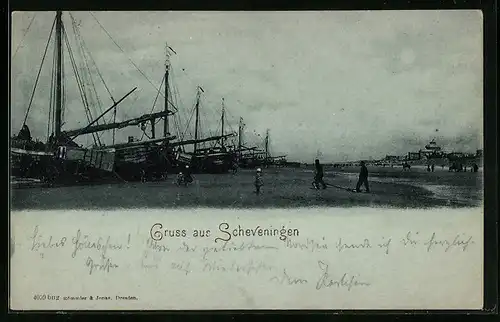 Mondschein-AK Scheveningen, Hafenpartie mit Schiffen